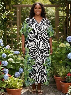 Zebra Printed Caftan Dress Plus Size Polyester Maxi Mumu Dresses Kimono Sleeve